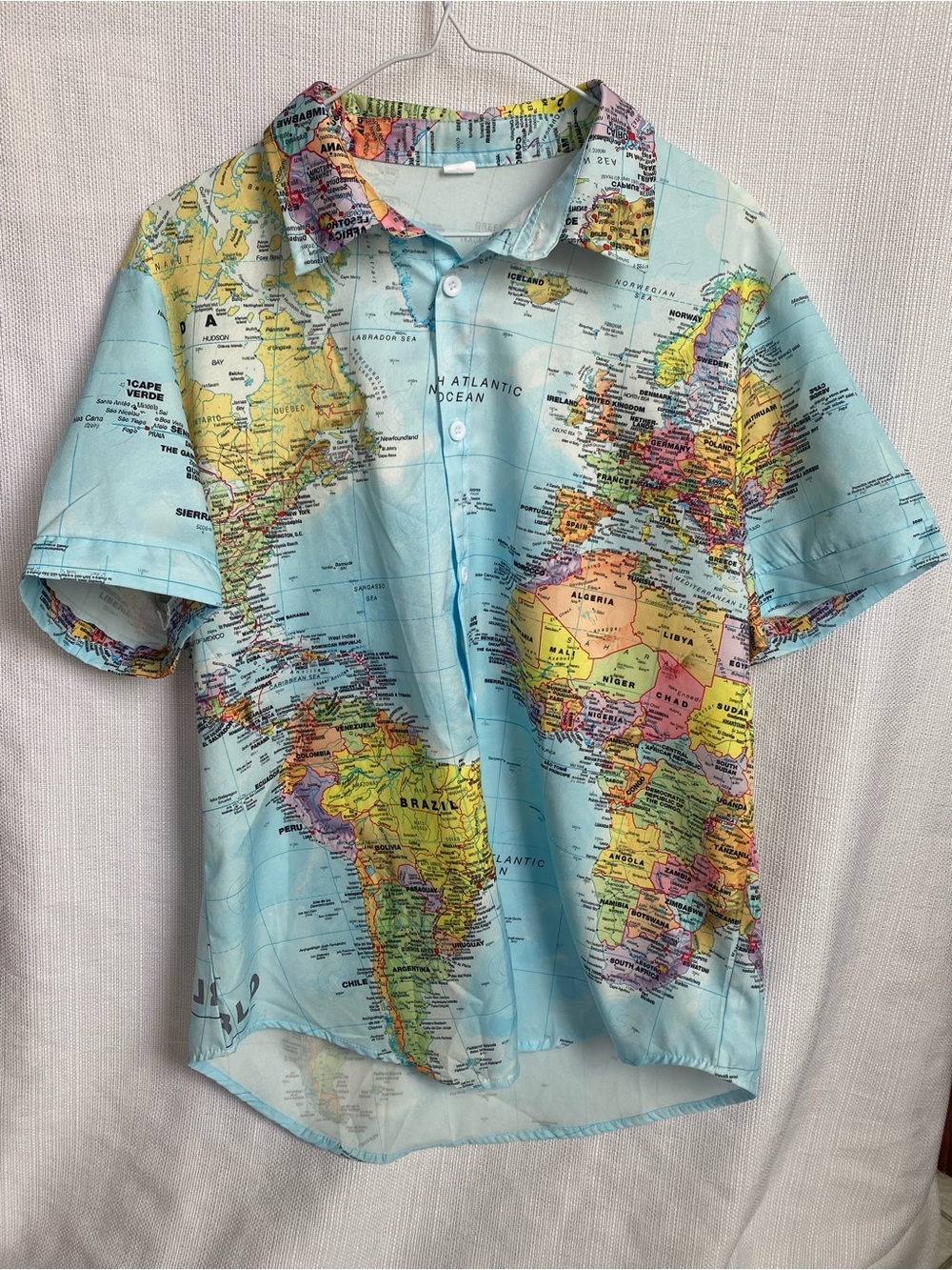 Retro World Map Button Down Shirt Mens L Mirror Image Inside Out Misprint Defect